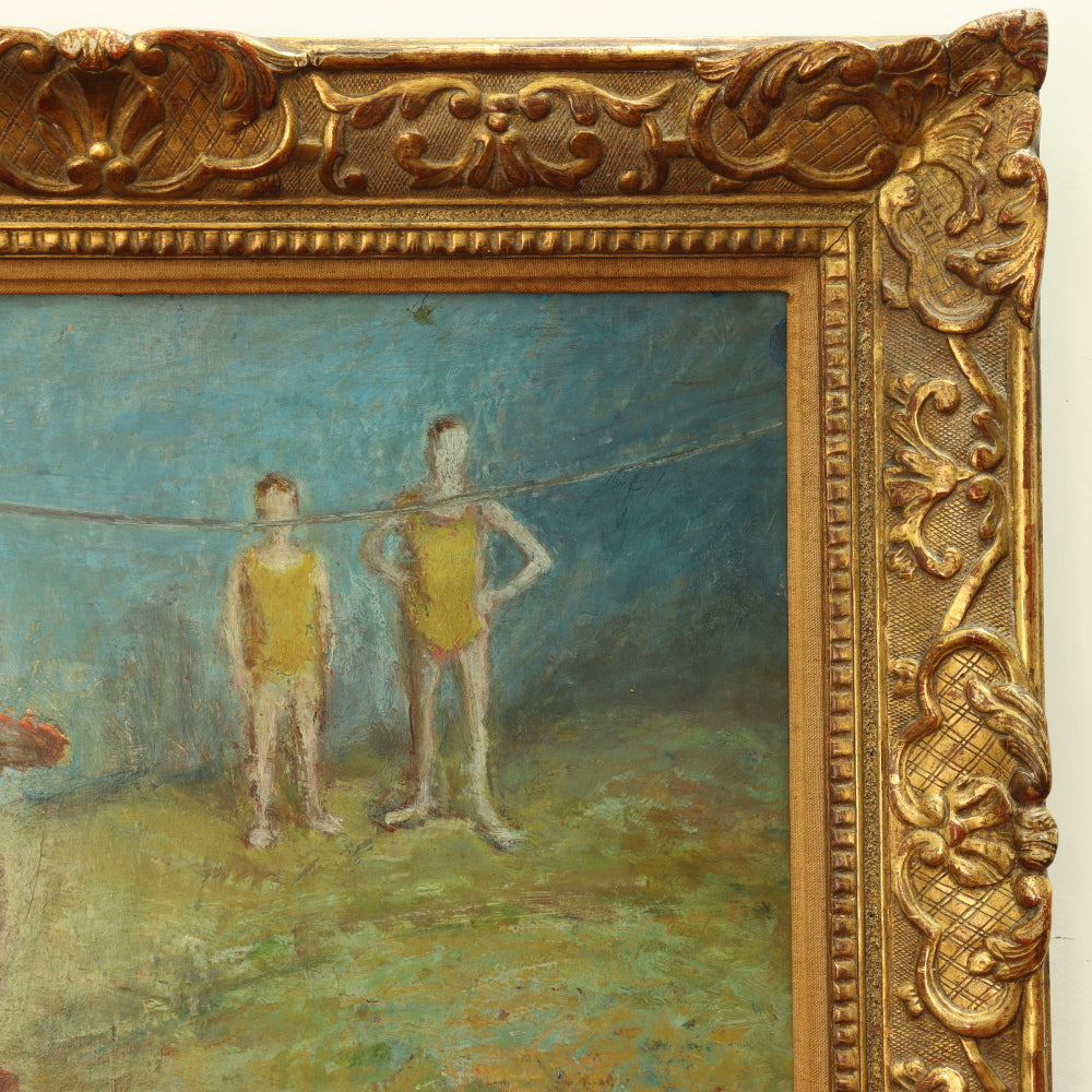 AW776: Robert Pikelny "Tight Rope" Modernist Oil on Board Early 20th Century