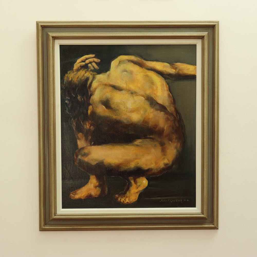 John R Graybach Crouching Male Nude Oil on Canvas on Board | Work of Man