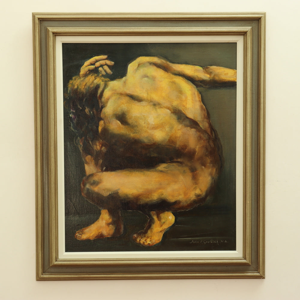 AW784: John R Graybach Crouching Male Nude Oil on Canvas on Board