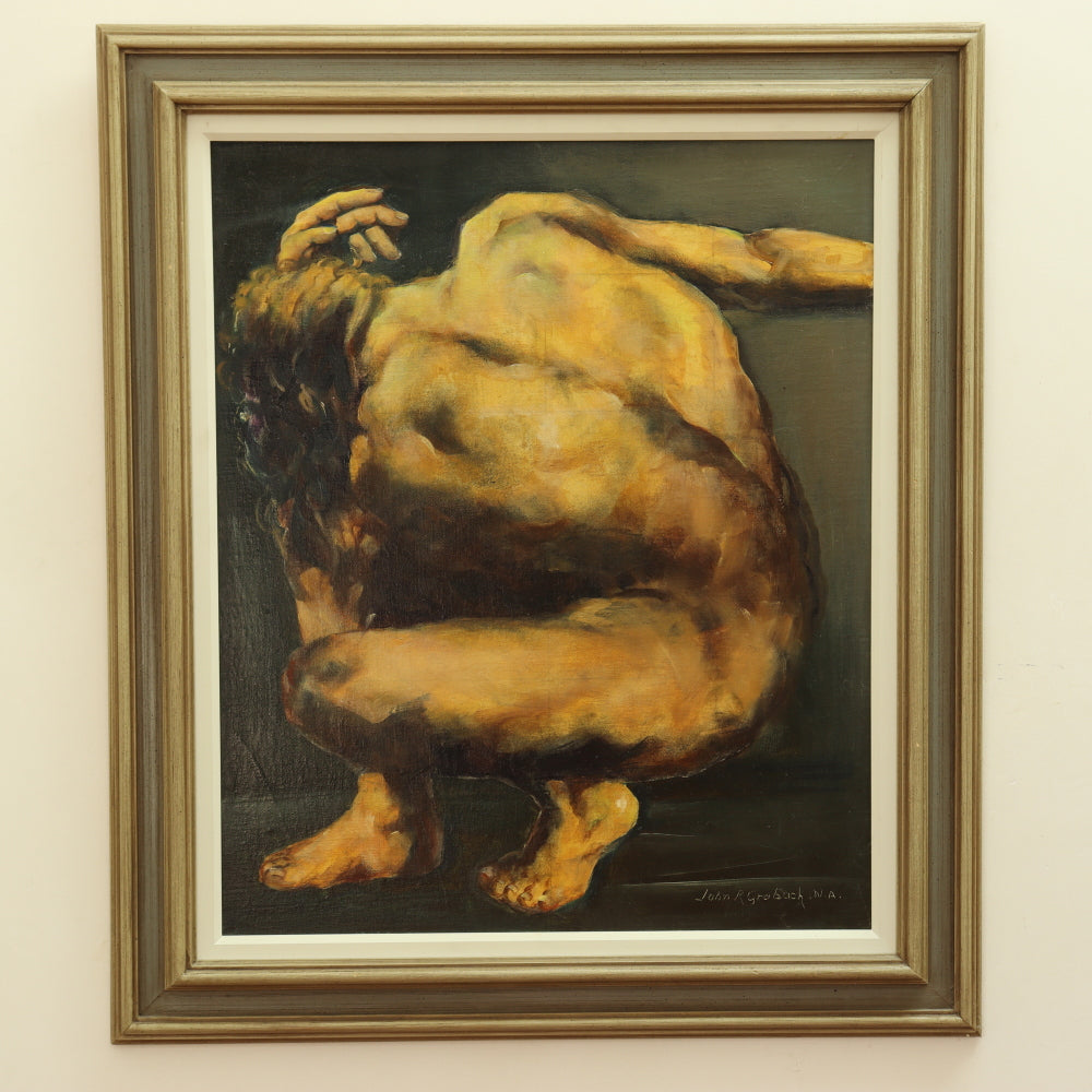 AW784: John R Graybach Crouching Male Nude Oil on Canvas on Board