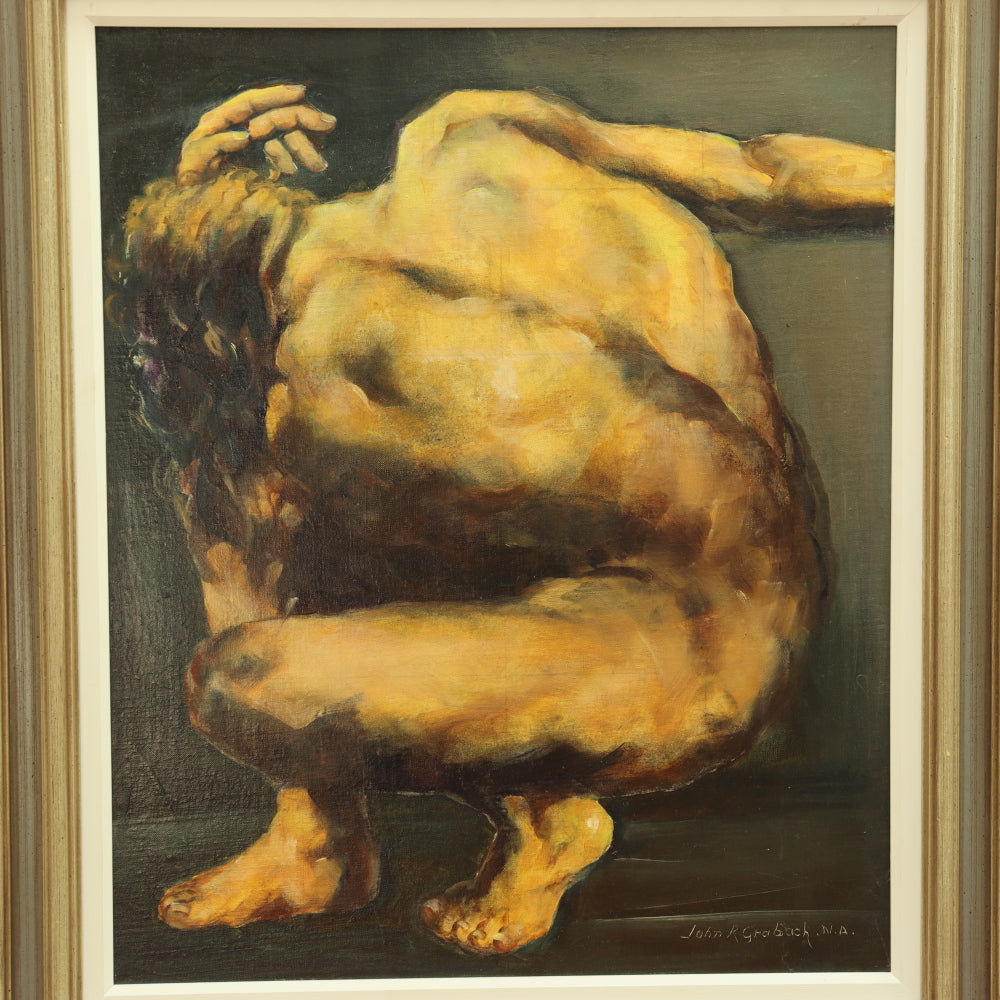 AW784: John R Graybach Crouching Male Nude Oil on Canvas on Board