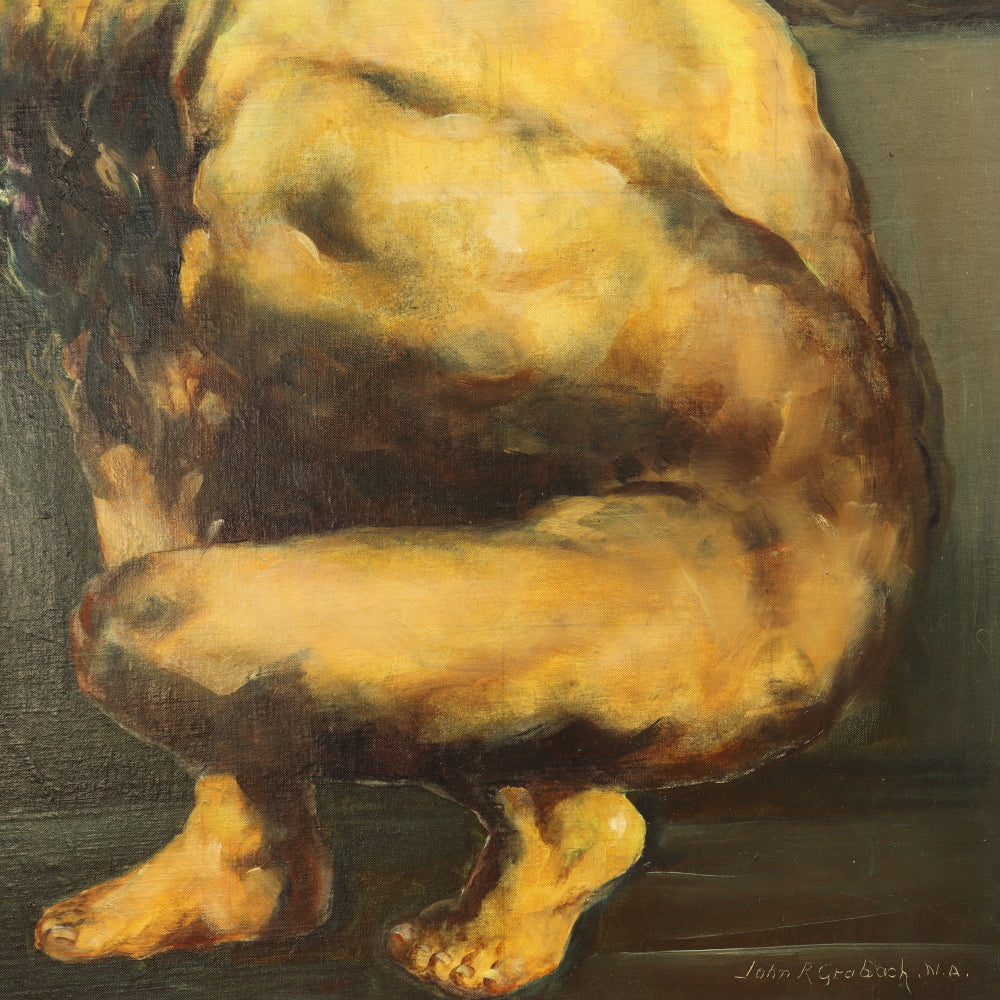 AW784: John R Graybach Crouching Male Nude Oil on Canvas on Board