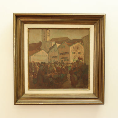 Fritz Bernhard Village Market Scene Oil on Masonite Panel | Work of Man