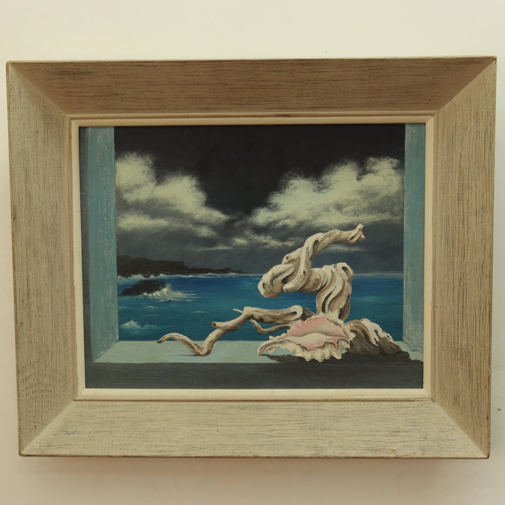 AW4-018: Mid Century Surrealist View Through Window To Sea Gouache on Artist Board