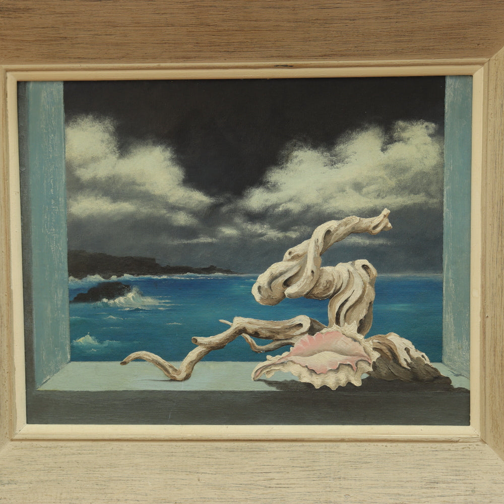 AW4-018: Mid Century Surrealist View Through Window To Sea Gouache on Artist Board