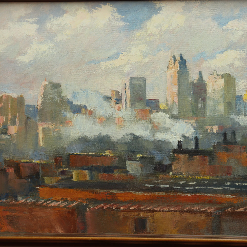 AW353: Steve Carroll Midwestern City Skyline Oil on Canvas