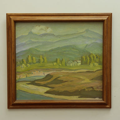 Ralph Holmes California Foothills  Landscape With Stream & Houses  Oil on Board | Work of Man