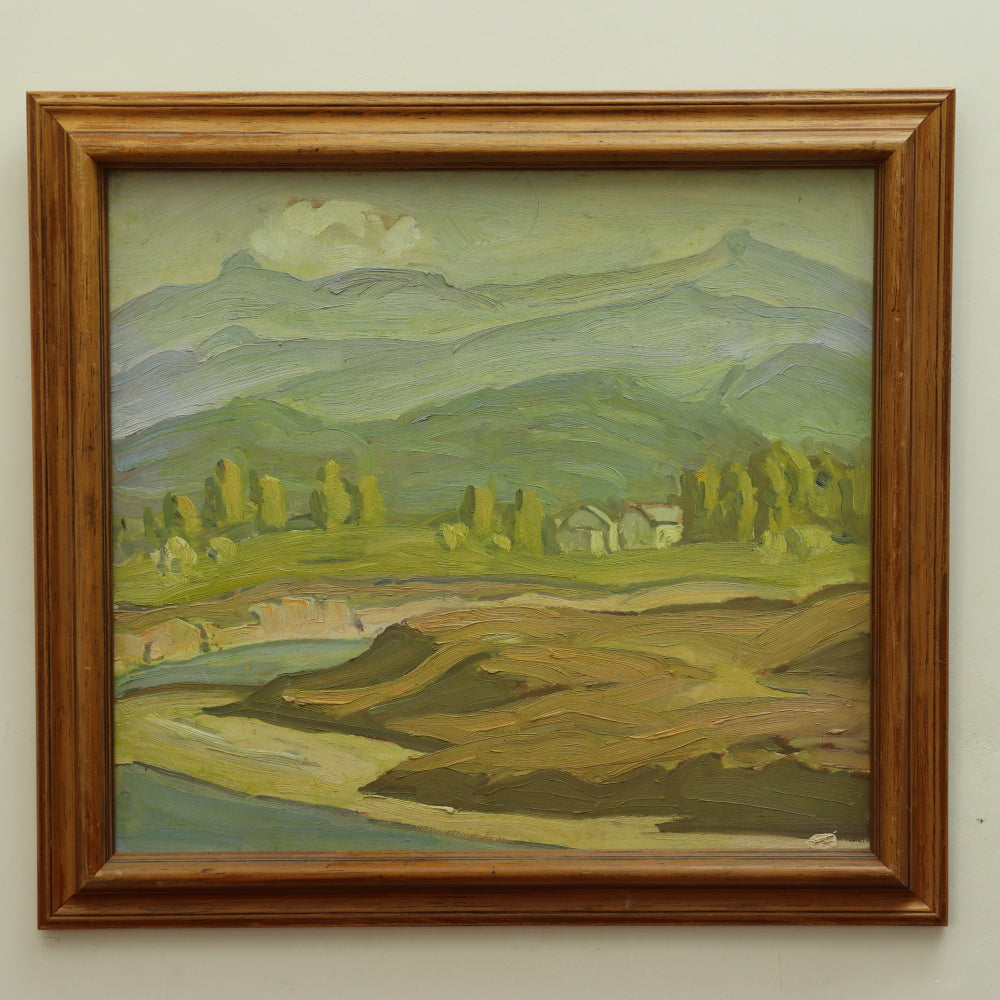 AW102: Ralph Holmes California Impressionist Oil on Board Painting "Foothills Landscape With Stream & Houses"