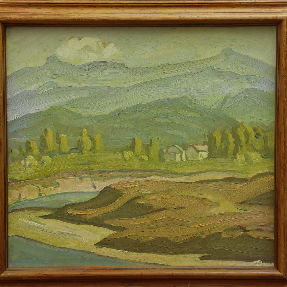 AW102: Ralph Holmes California Impressionist Oil on Board Painting "Foothills Landscape With Stream & Houses"