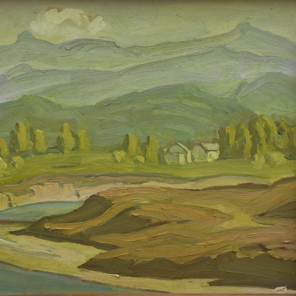 AW102: Ralph Holmes California Impressionist Oil on Board Painting "Foothills Landscape With Stream & Houses"