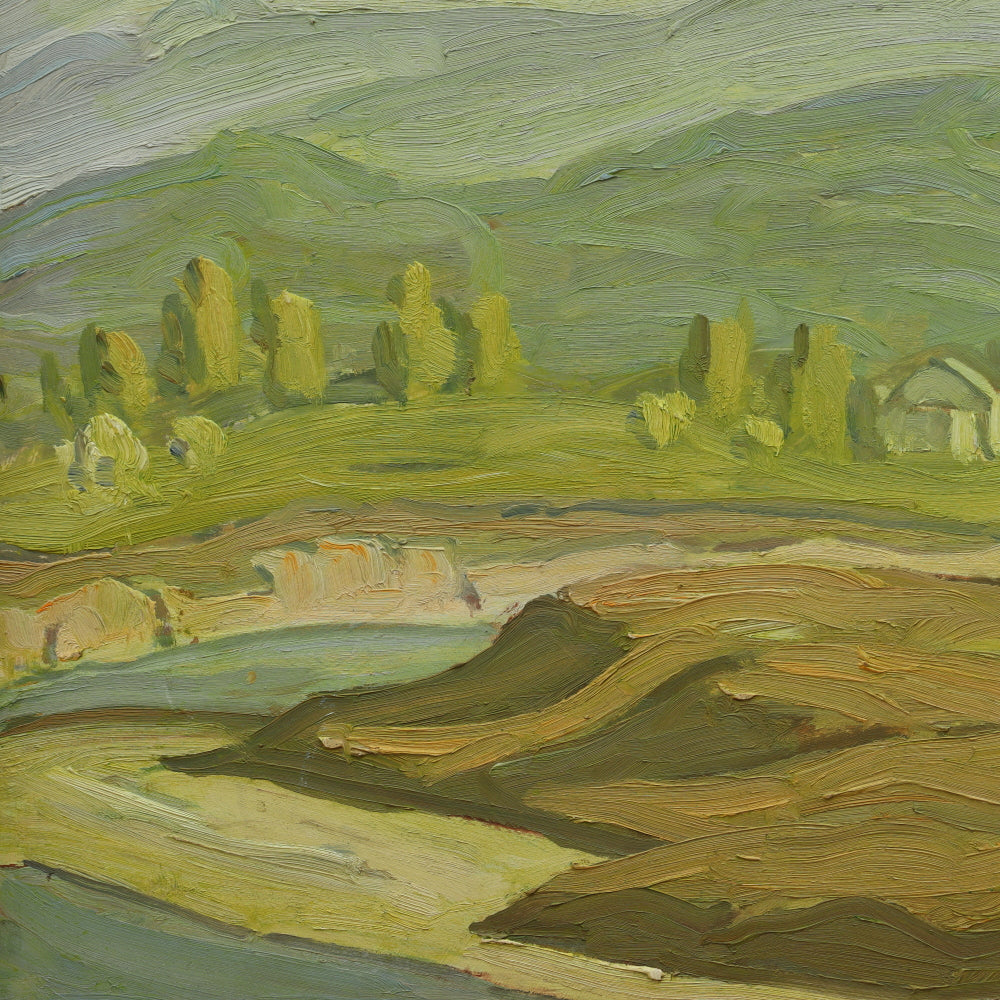 AW102: Ralph Holmes California Impressionist Oil on Board Painting "Foothills Landscape With Stream & Houses"