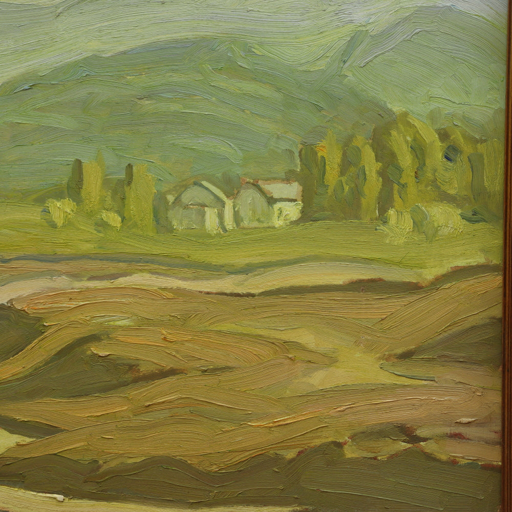 AW102: Ralph Holmes California Impressionist Oil on Board Painting "Foothills Landscape With Stream & Houses"