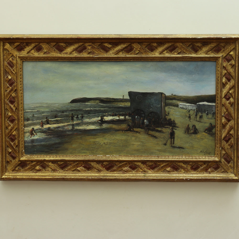 AW792: Mid 19th Century Seaside Oil on Canvas Laid to Board