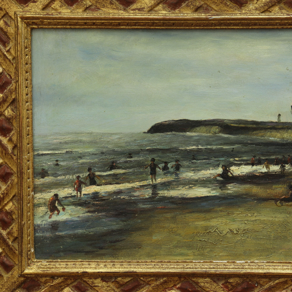 AW792: Mid 19th Century Seaside Oil on Canvas Laid to Board