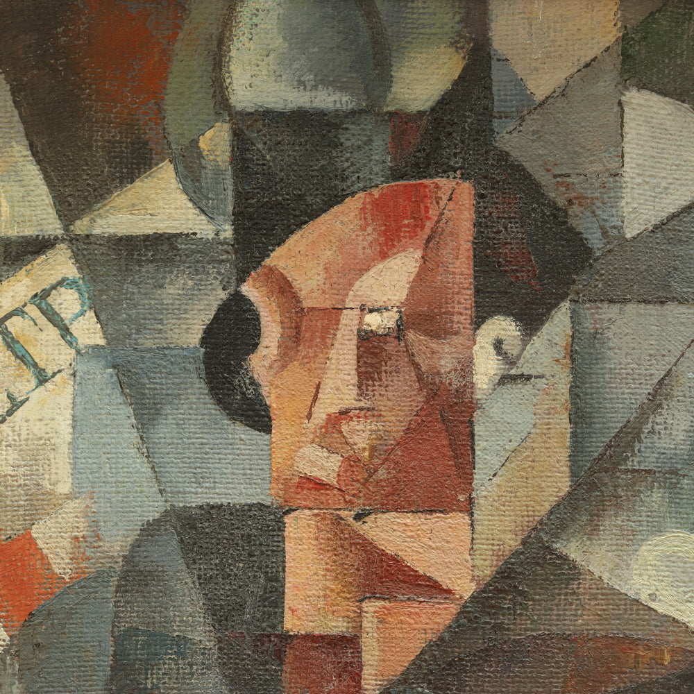 AW794: A. Bryg Cubist Avante Garde Painting"Man With Hat and Guitar"