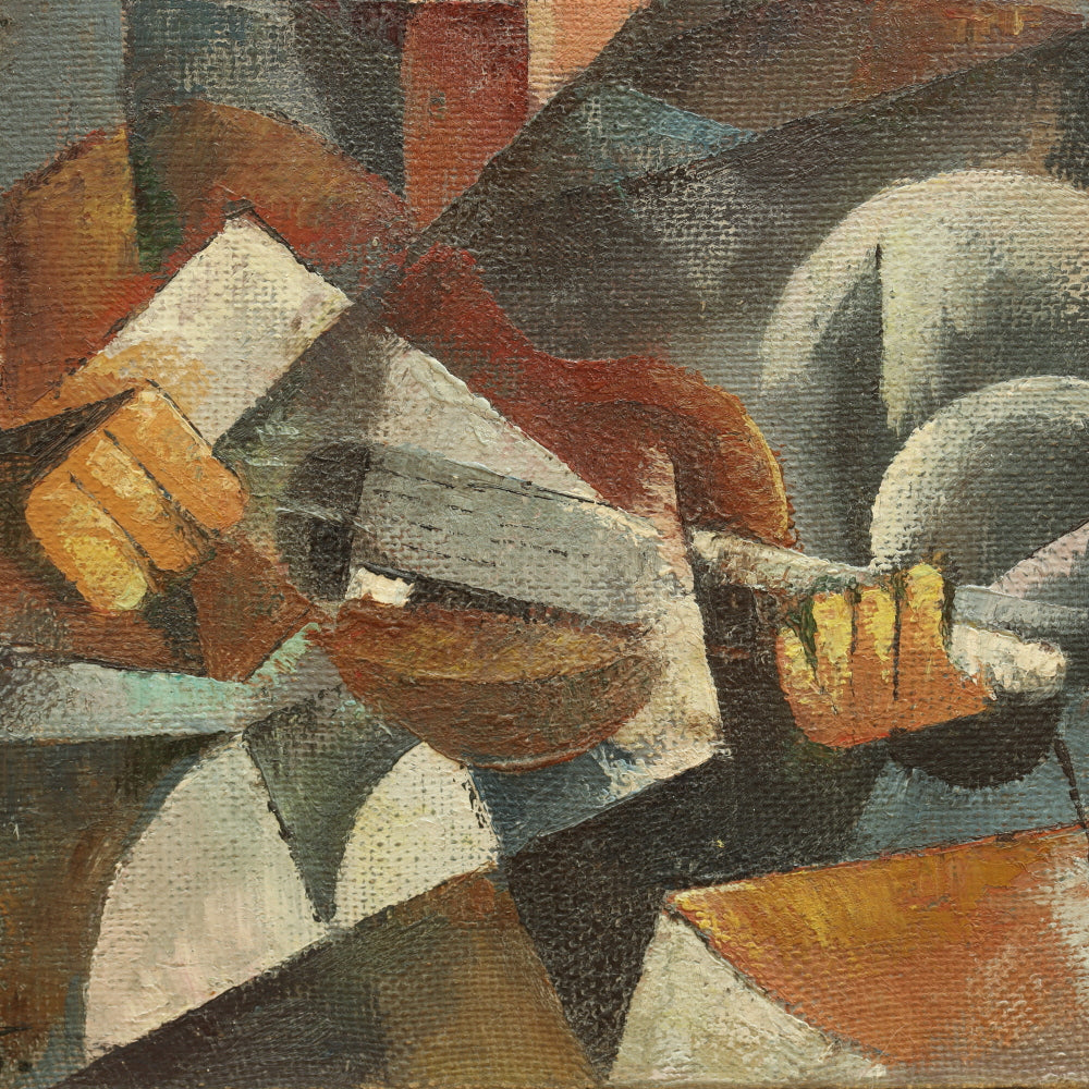 AW794: A. Bryg Cubist Avante Garde Painting"Man With Hat and Guitar"