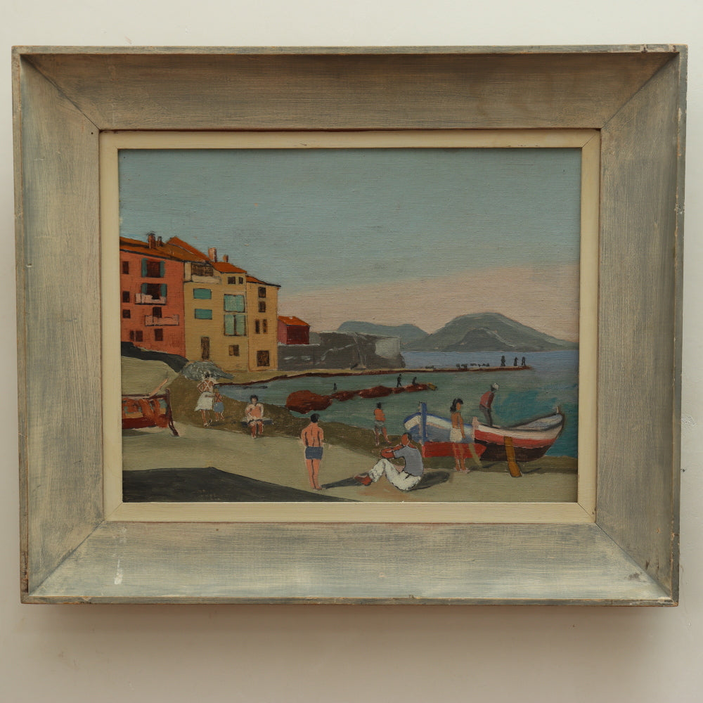 AW111: Italian Modernist Seaside Harbor Scene Oil on Board Mid 20th Century