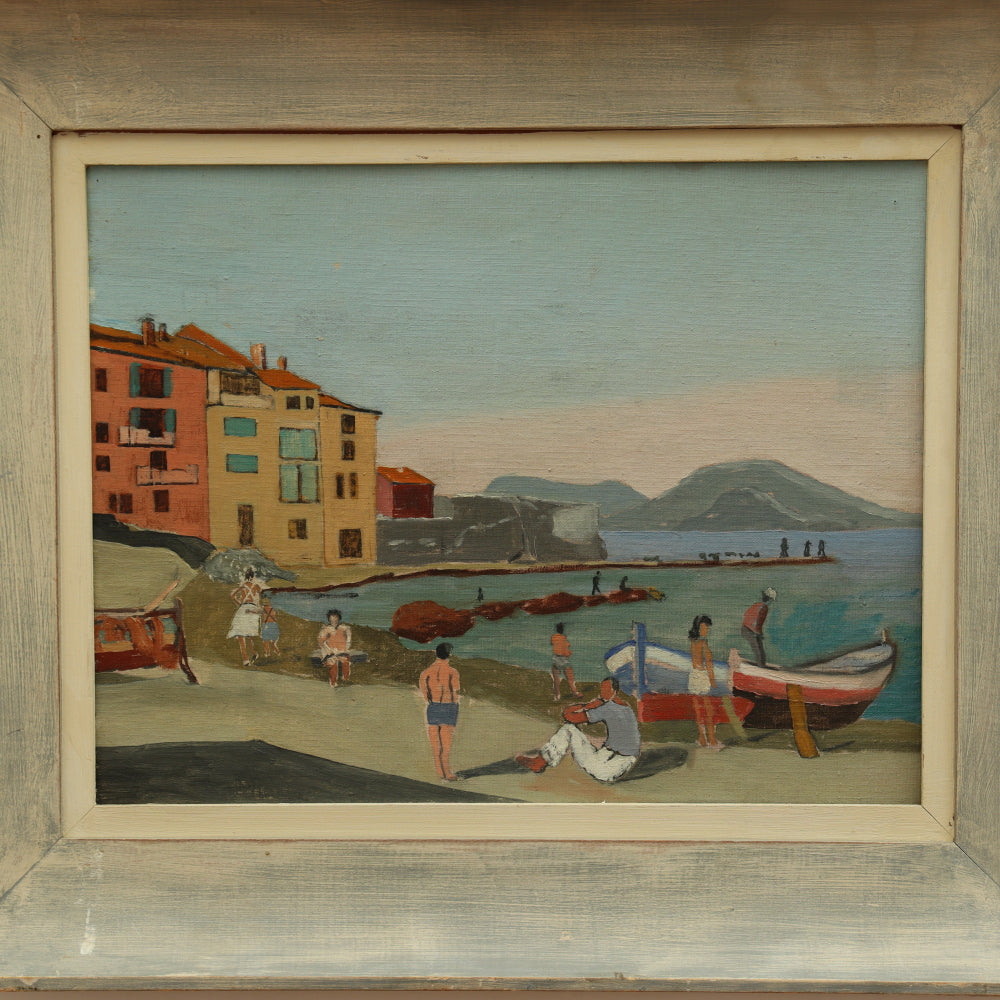 AW111: Italian Modernist Seaside Harbor Scene Oil on Board Mid 20th Century