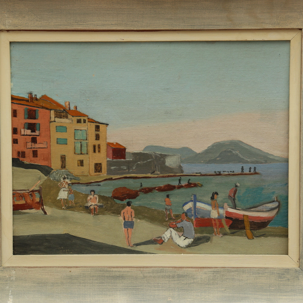 AW111: Italian Modernist Seaside Harbor Scene Oil on Board Mid 20th Century