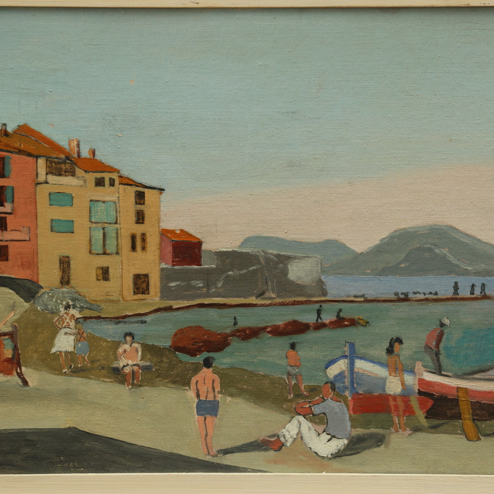 AW111: Italian Modernist Seaside Harbor Scene Oil on Board Mid 20th Century