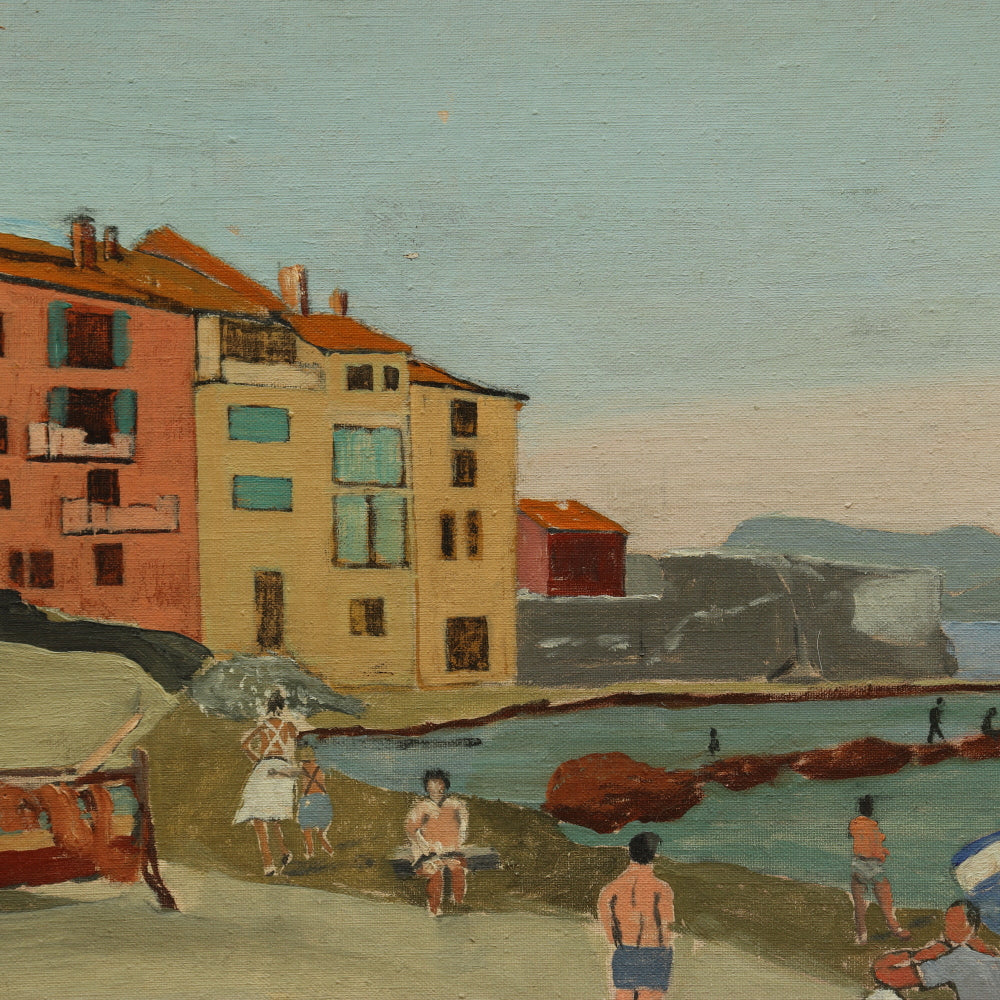 AW111: Italian Modernist Seaside Harbor Scene Oil on Board Mid 20th Century