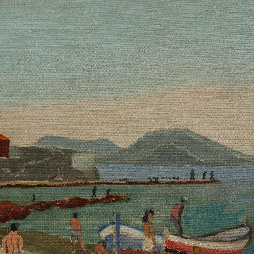 AW111: Italian Modernist Seaside Harbor Scene Oil on Board Mid 20th Century