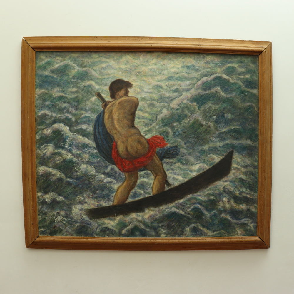 AW796: Charles Ezekiel Polowetski "Man In Boat" Modernist Oil on Canvas