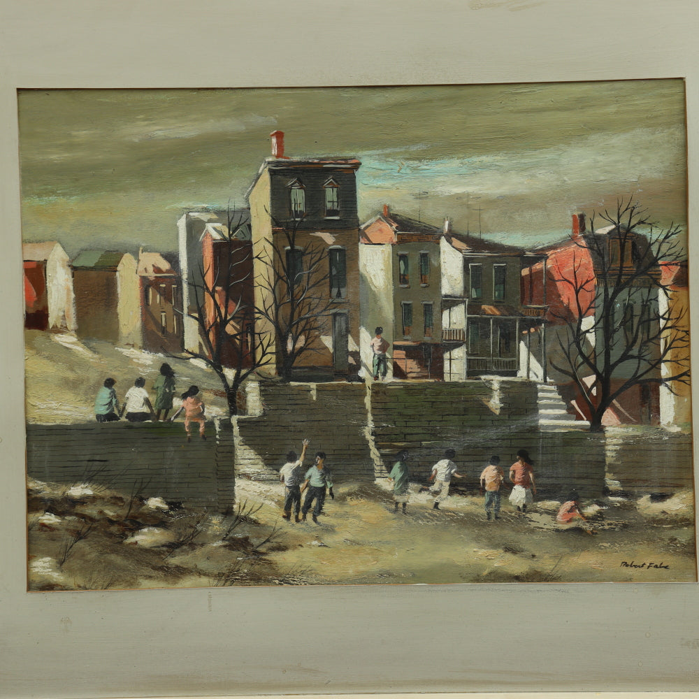 AW3-012: Robert Fabe "Sunny Day"Tempura Painting of Inner City Youths at Play Mid 20th Century