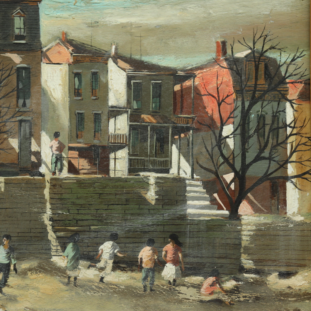 AW3-012: Robert Fabe "Sunny Day"Tempura Painting of Inner City Youths at Play Mid 20th Century