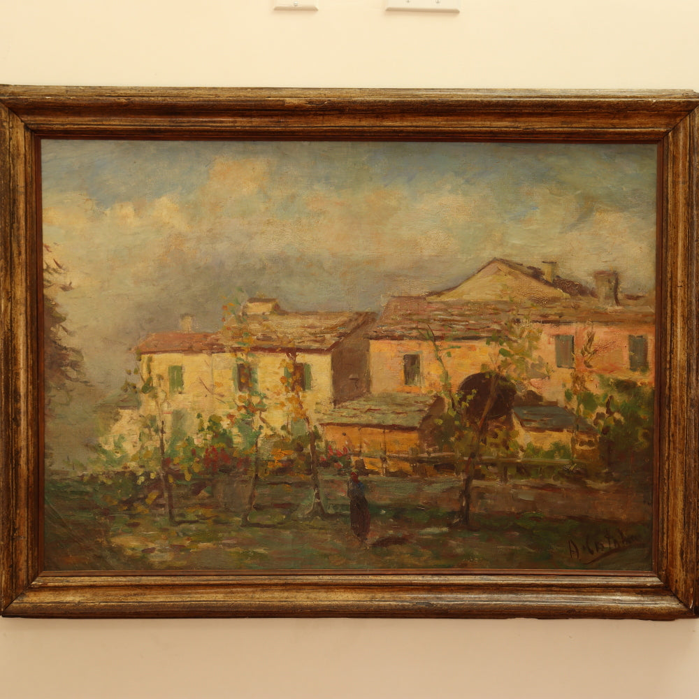 AW048: A. Catlin Spanish Villa Landscape Oil on Canvas Painting