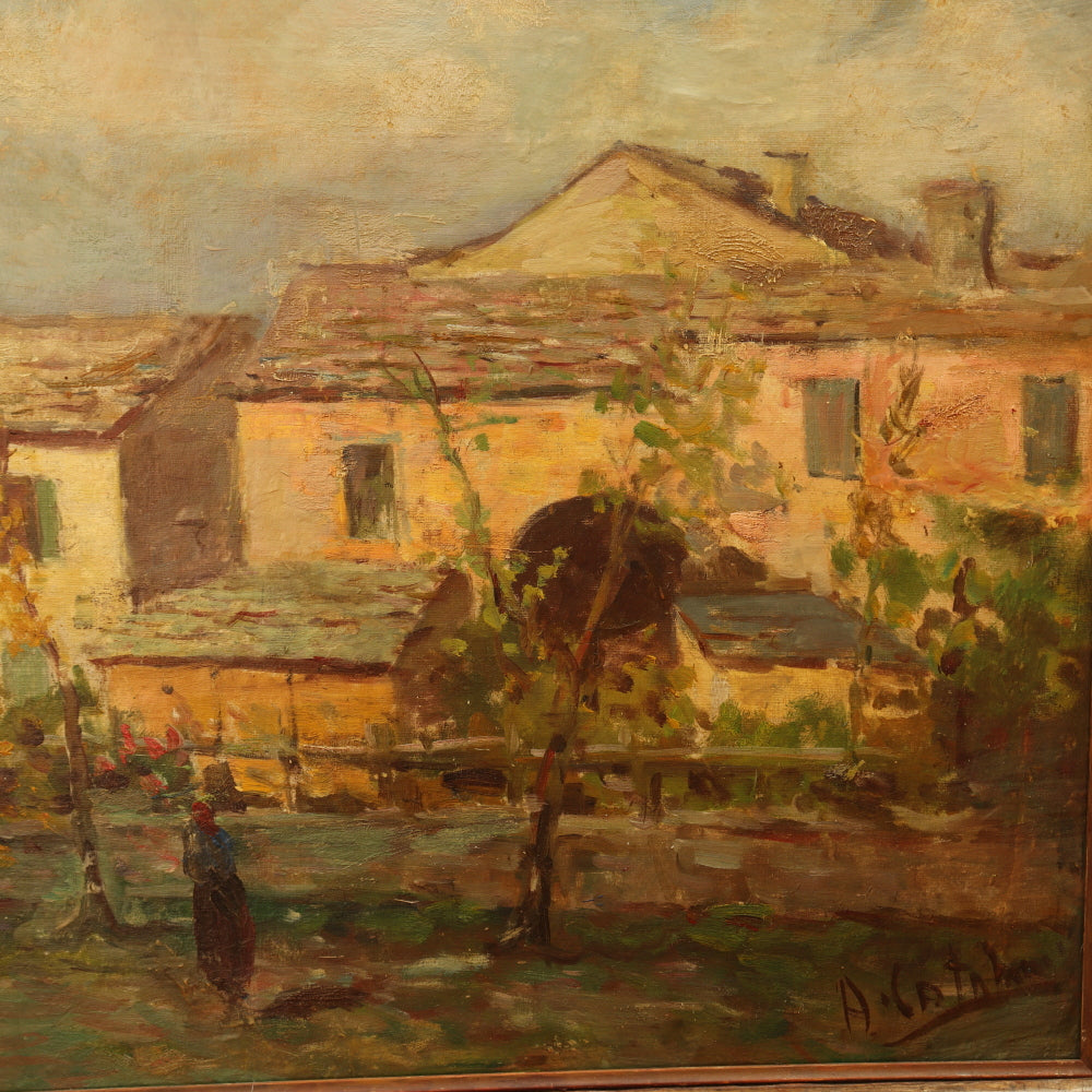 AW048: A. Catlin Spanish Villa Landscape Oil on Canvas Painting