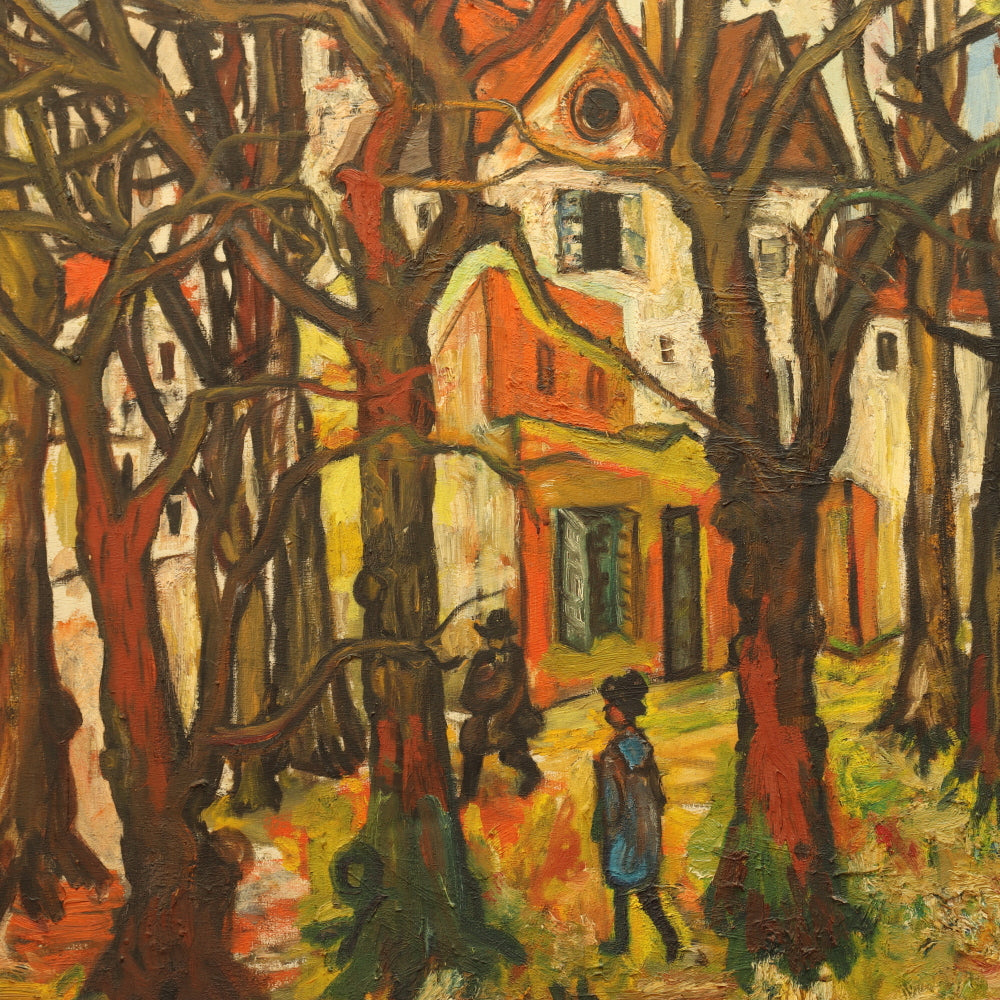 AW812: Sacha Moldovan Village Scene Oil on Canvas Painting