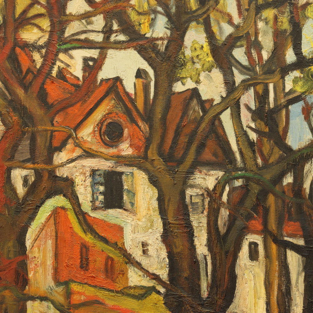 AW812: Sacha Moldovan Village Scene Oil on Canvas Painting