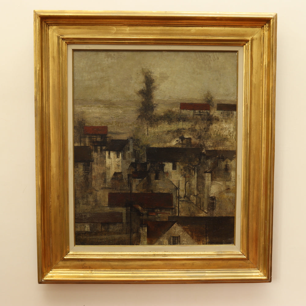 AW813: Abstract European Village Landscape Painting Signed Taylor