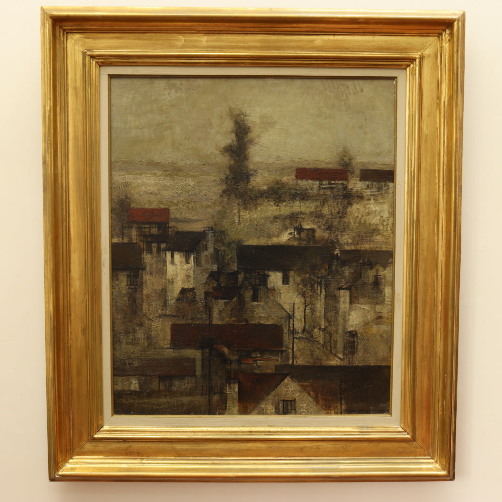 AW813: Abstract European Village Landscape Painting Signed Taylor