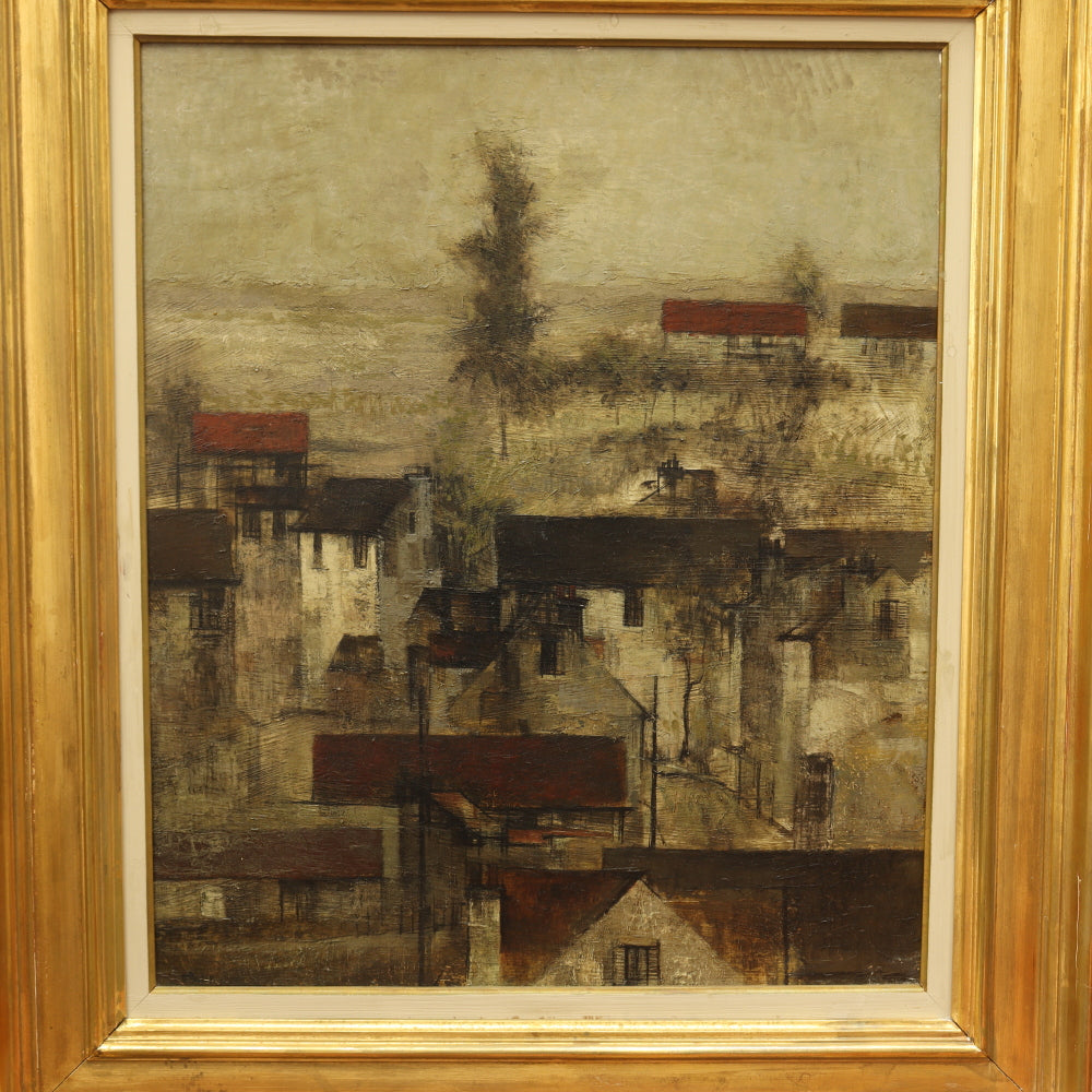 AW813: Abstract European Village Landscape Painting Signed Taylor