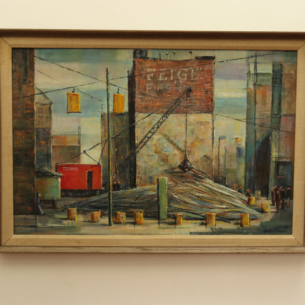 AW415: Leonard Meyer Taking Down of Tower Building Downtown Saginaw Michigan Oil on Canvas