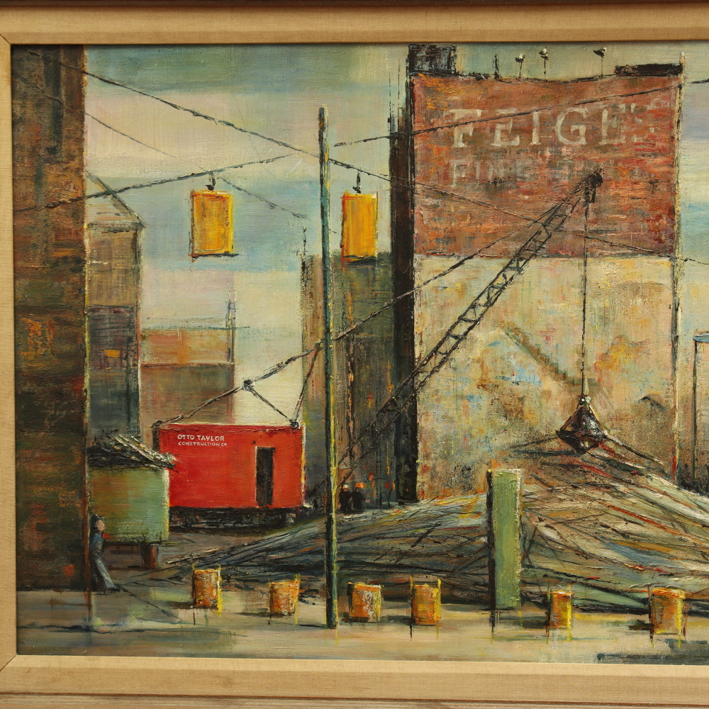 AW415: Leonard Meyer Taking Down of Tower Building Downtown Saginaw Michigan Oil on Canvas