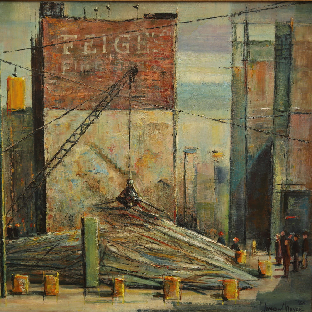 AW415: Leonard Meyer Taking Down of Tower Building Downtown Saginaw Michigan Oil on Canvas