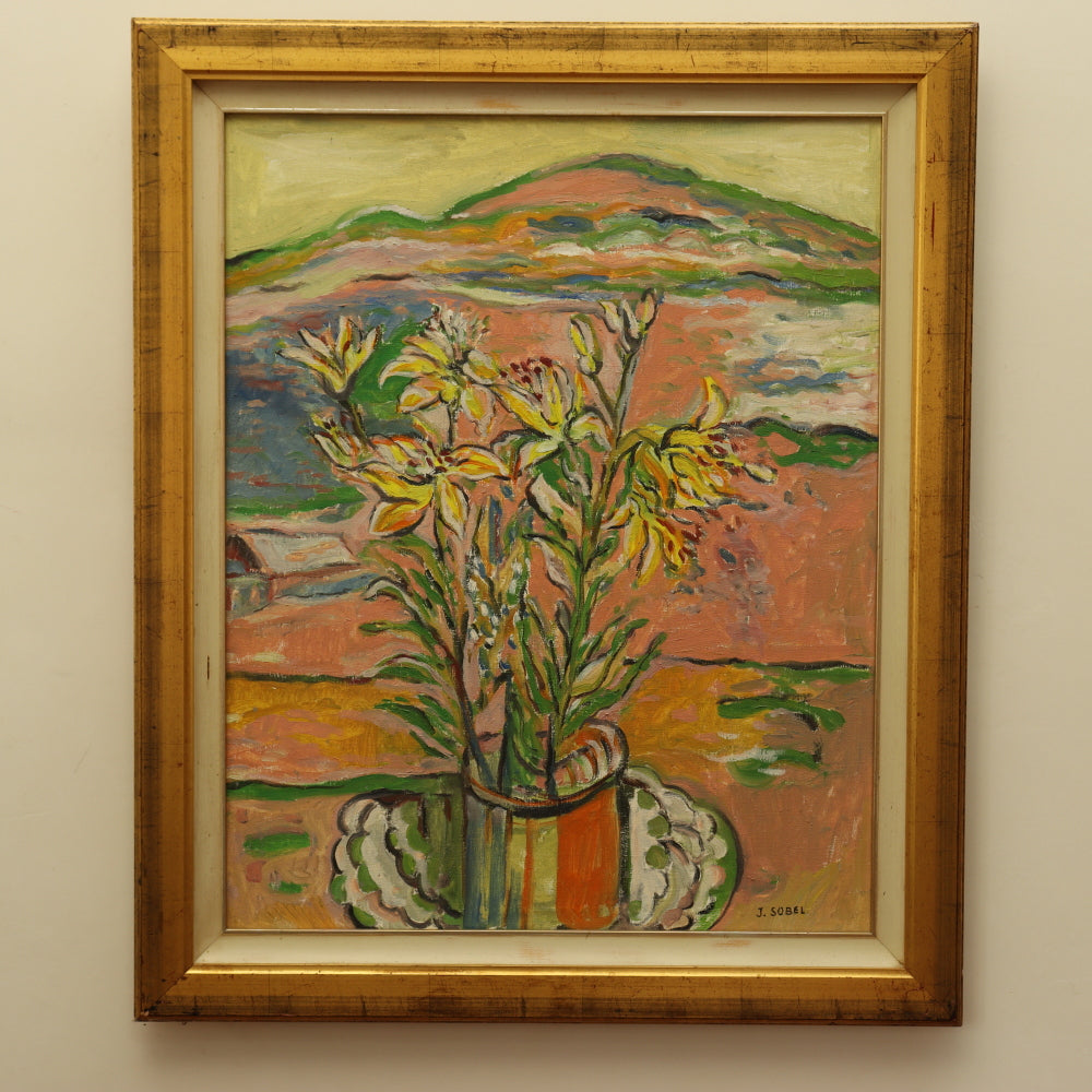 AW823: Judith Sobel Still Life With Mountain View Oil on Canvas Painting