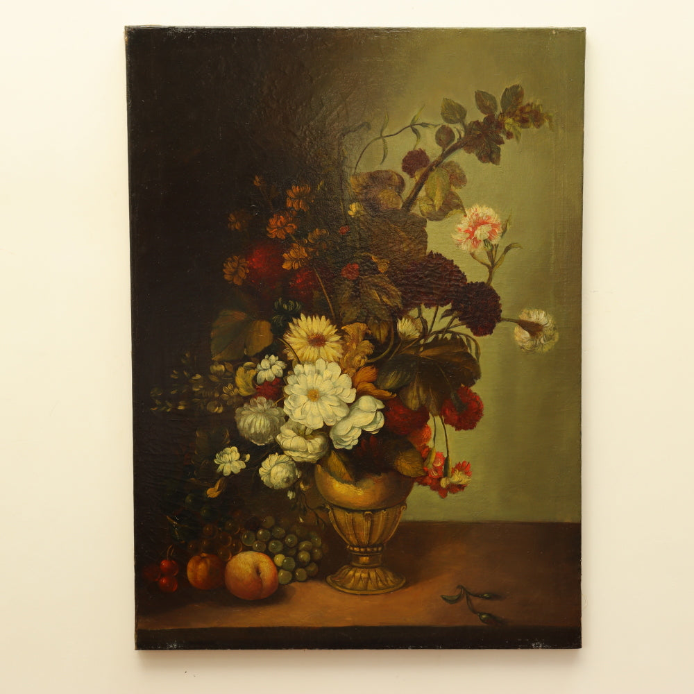 AW815: Antique Floral Still Life Oil on Canvas Late 19th Century