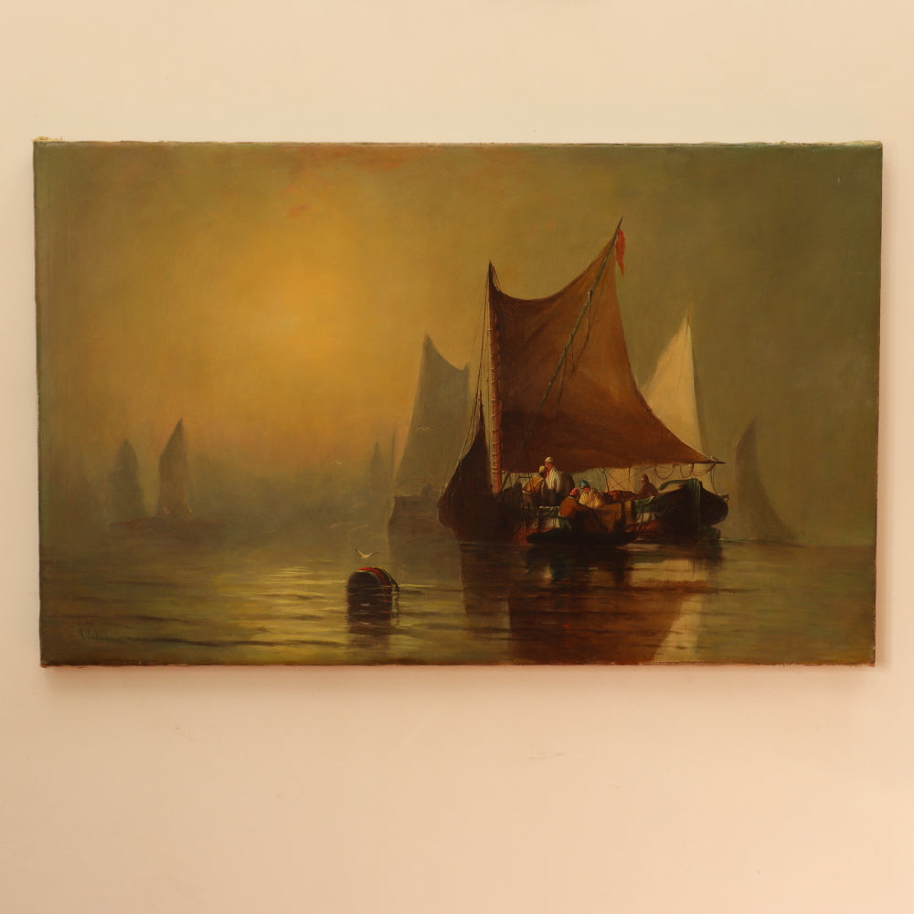 Hobart Nichols Venetian Scene With Sailboats Oil on Canvas Painting | Work of Man