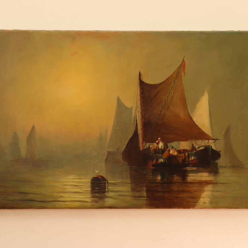 AW816: Hobart Nichols Venetian Scene With Sailboats Oil on Canvas Painting