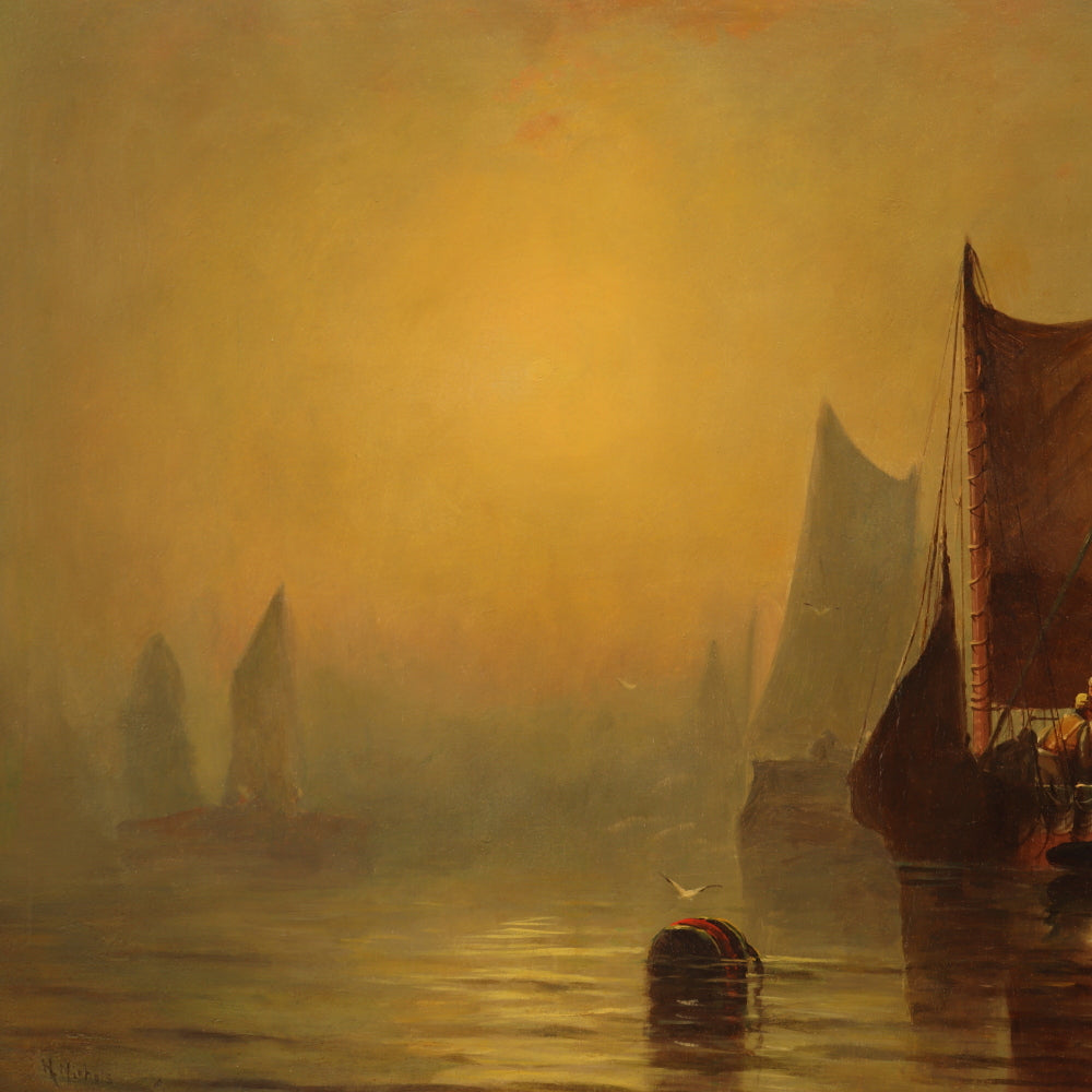 AW816: Hobart Nichols Venetian Scene With Sailboats Oil on Canvas Painting