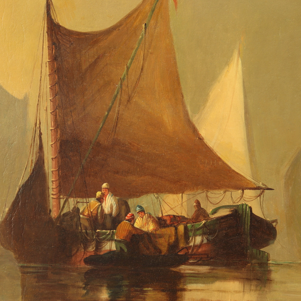 AW816: Hobart Nichols Venetian Scene With Sailboats Oil on Canvas Painting