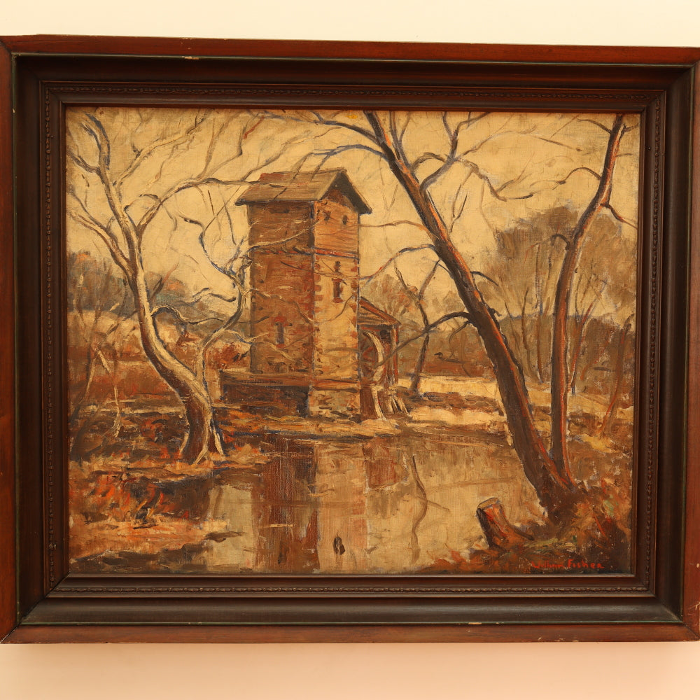 AW076: William Fisher The Old Grist Mill Oil on Canvas American Impressionist Painting