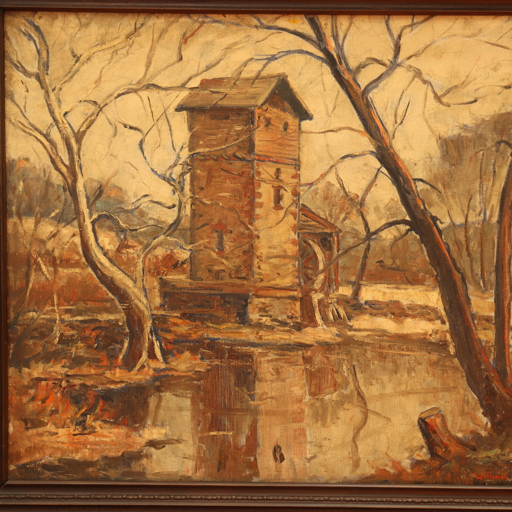 AW076: William Fisher The Old Grist Mill Oil on Canvas American Impressionist Painting