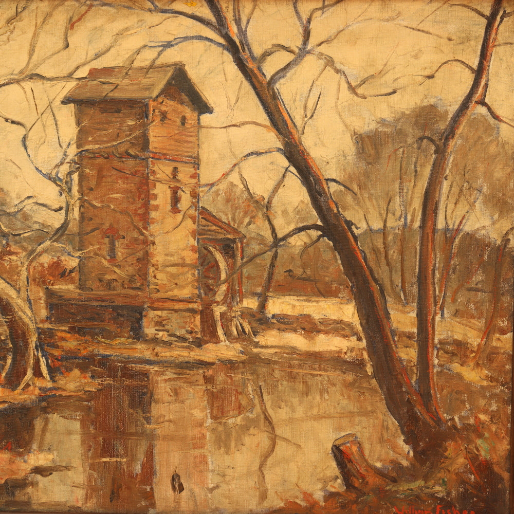 AW076: William Fisher The Old Grist Mill Oil on Canvas American Impressionist Painting