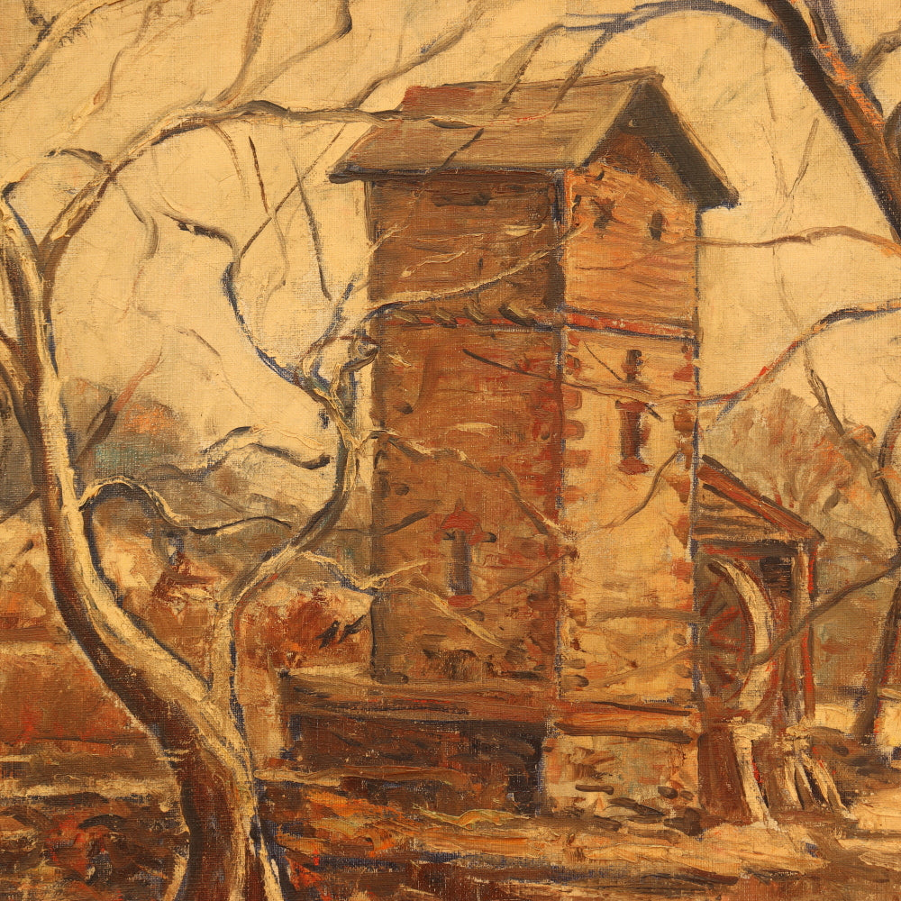 AW076: William Fisher The Old Grist Mill Oil on Canvas American Impressionist Painting