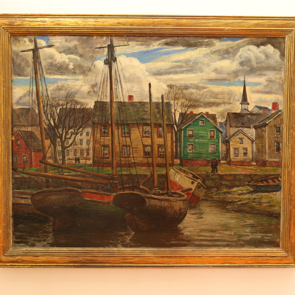 AW818: George Macrum New England Fishing Port Oil on Board Painting WPA